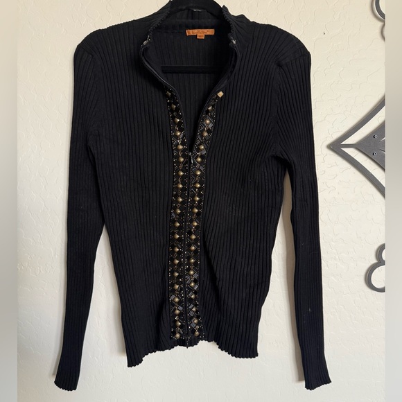 BELLDINI Black Ribbed Zippered Cardigan with Gold Beaded Details - XL - Picture 3 of 6